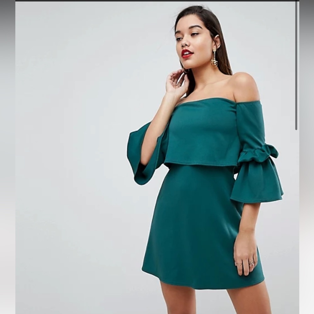 ASOS Scuba crop top Bardot fluted sleeve mini dress Forrest green